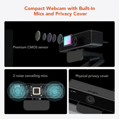2K Webcam with Dual Microphone for PC Laptop, Nuroum V11 1440P HD USB Conference Camera, 360° Rotatable, Auto Light Correction, Privacy Cover, Works with Zoom Meet Teams Skype, Plug and Play