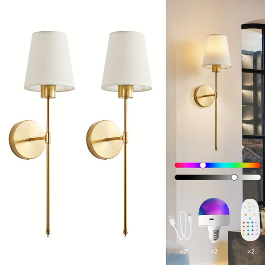 Rechargeable Wall Sconce 2-Pack RGB – 15-Color Dimmable LED Wall Light with Remote Control, 5200mAh Battery, No Wiring for Bedroom, Living Room, Kitchen & Corridor (Gold / Black)