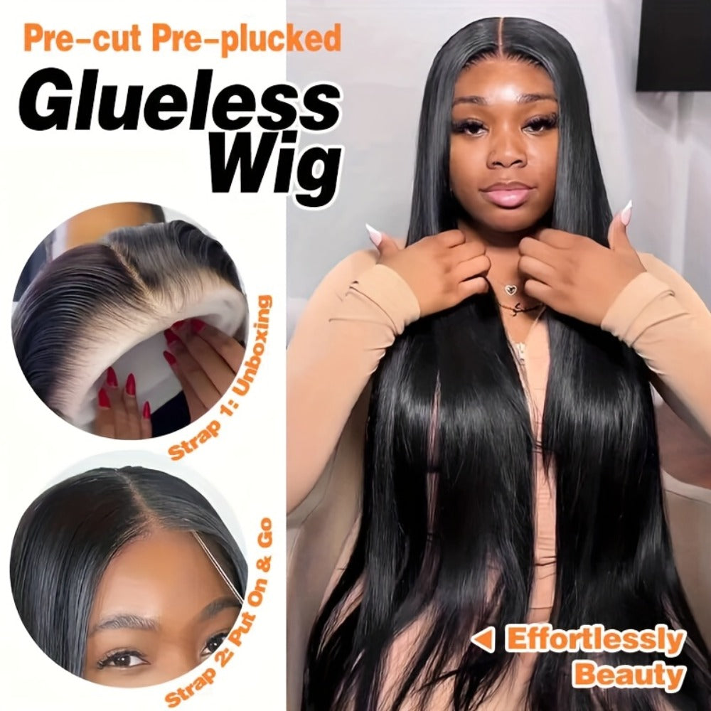 Put On and Go Glueless Human Hair Wig Bone Straight – Pre Cut 6x4.5 Transparent Lace 200% Density Pre Plucked, Ready to Wear in 3 Seconds, Natural Black & Natural Color, 10–34 Inch