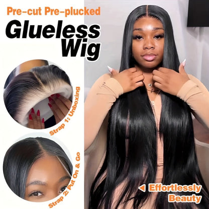 Put On and Go Glueless Human Hair Wig Bone Straight – Pre Cut 6x4.5 Transparent Lace 200% Density Pre Plucked, Ready to Wear in 3 Seconds, Natural Black & Natural Color, 10–34 Inch