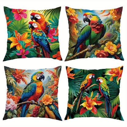 Four-Piece Tropical Pillow Cover Set, 18 x 18 Inches with Parrot and Floral Prints on Polyester Covers