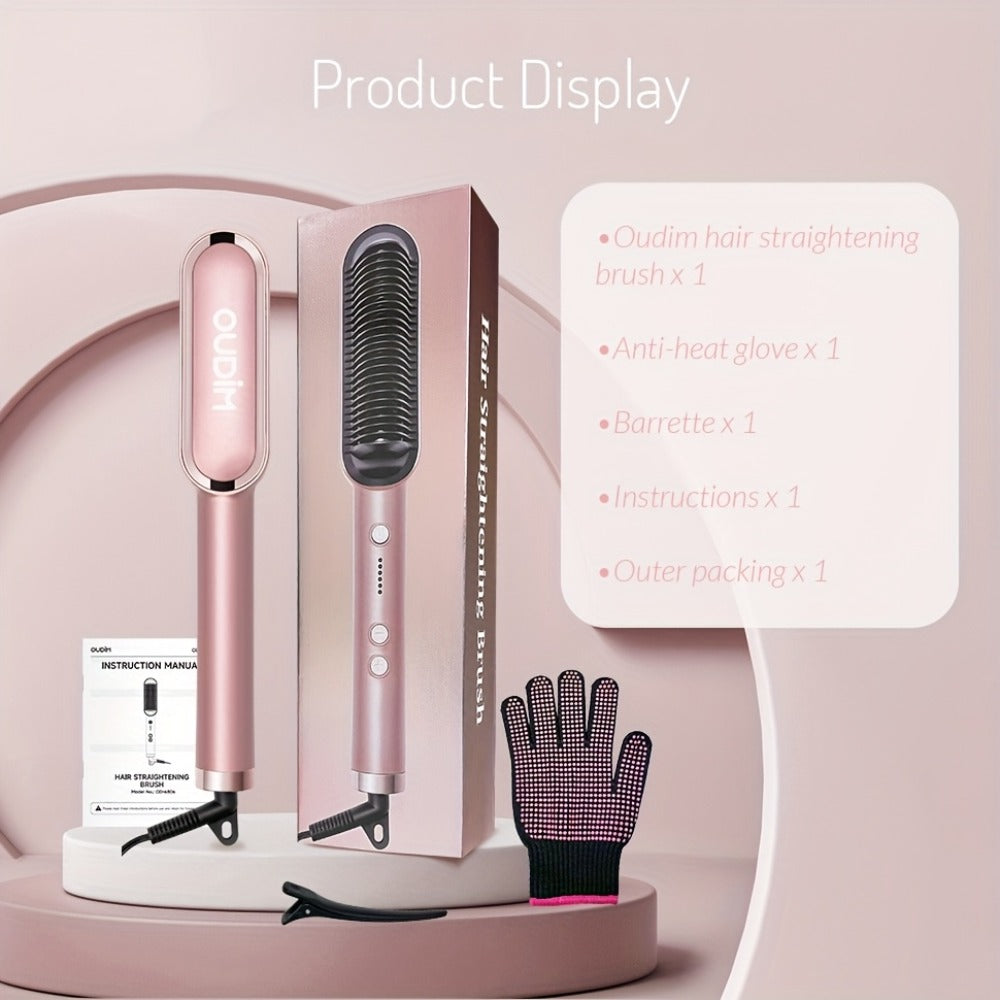 Ionic Hair Straightener Brush Anti-Scald – Precise Temperature Control Auto Shut-Off Straightening Comb Flat Iron for Women All Hair Types – Rose Gold, Black, Gift for Her