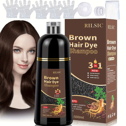RILSIC 3-in-1 Gray Hair Color Shampoo with Plant Squalene — 100% Gray Coverage Wash & Condition Instant Results, No Mix No Ammonia, 16.91oz / 500ml for Women & Men All Hair Types