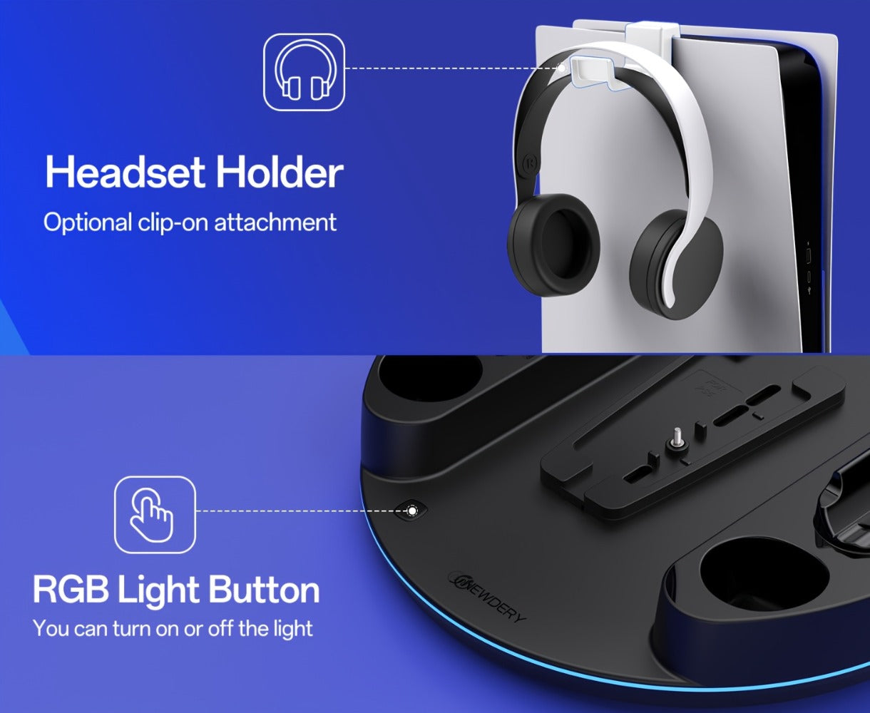PS5 Charging Station with RGB Light Stand for PS5 Slim PS5 Pro - Fast Dual Controller Charger Compatible with All PlayStation 5 Console Models