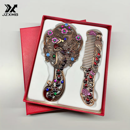 Decorative Peacock Comb and Handheld Mirror Two-Piece Set in Four Image-Bound Design Options