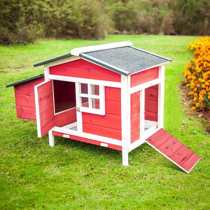 Hen House Outdoor Wooden Chicken Coop with Nesting Box Ramp Removable Tray Elevated Design Fir Wood Asphalt Roof 3 Colors Lockable Doors for Backyard Poultry