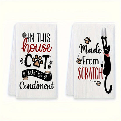 Four-Piece Cat Print Kitchen Towel Set, 16 x 24 Inches Each with Four Black-and-White Illustrated Sayings