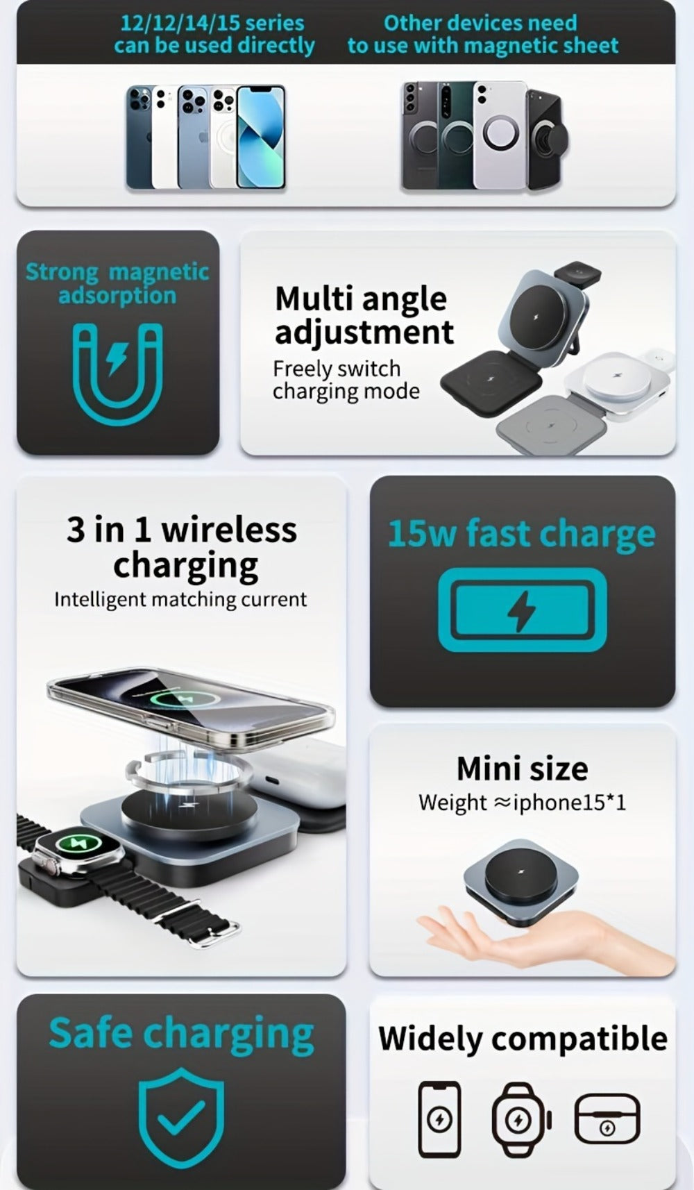 Wireless Charging Station, T11 Foldable 3-in-1 15W Travel Pad in Black for iPhone, Apple Watch and AirPods