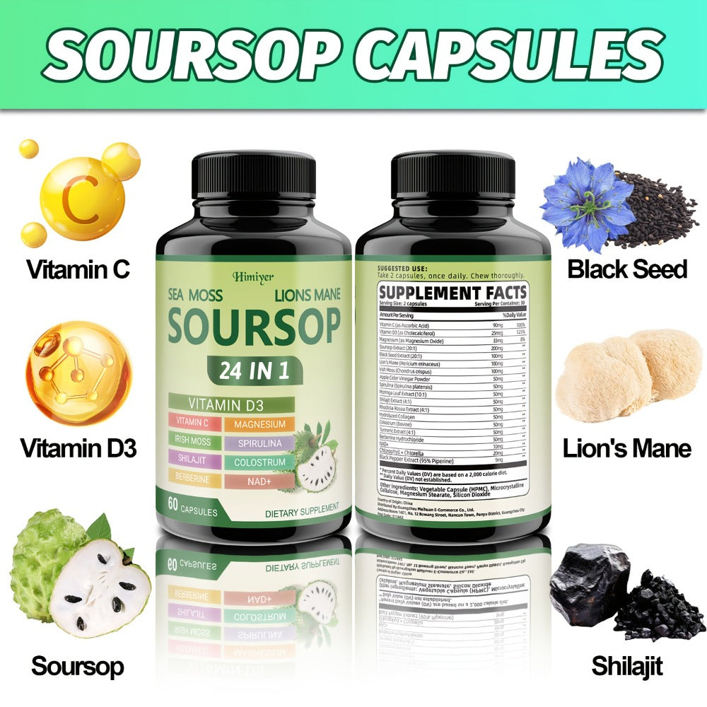 Soursop Capsules Advanced Herbal Supplement with Shilajit, Irish Moss, Berberine & NAD+ – Immunity, Antioxidant & Circulatory Support | Vitamin D3, C & Magnesium | ShopVora UK