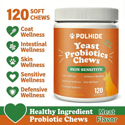 Probiotic Chews for Dogs 120 Count 90-Day Supply – Yeast & Gut Health Supplement, Soft Meat Flavor Chews for Coat, Intestinal & Immune Support, All Ages