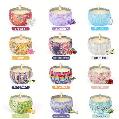 12-Piece Assorted Scented Tin Candle Gift Set with Pictured 2.2 oz Size and Decorative Patterns