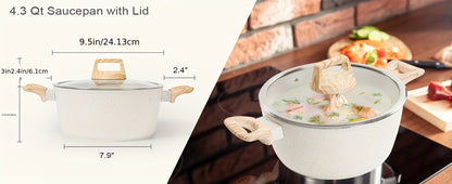 Black or White Nonstick Cookware Set with Frying Pans, Lidded Pots and Wood-Look Handles for Home Kitchens