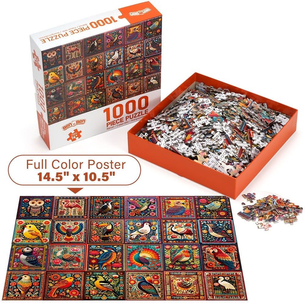 1000-Piece Bird Crochet Jigsaw Puzzle for Adults with Lettered Backs and Full-Color Reference Poster
