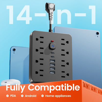 Power Strip 14-in-1 Flat-Plug Surge Protector with 8 AC Outlets, 4 USB-A, 2 USB-C and Black or White Finish