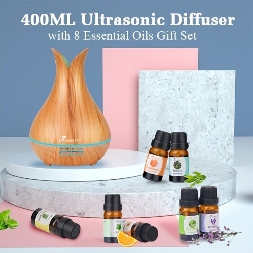 400ml Aroma Diffuser with Continuous or Intermittent Mist, Seven-Color Light, Three Timers, Remote and Eight Oils