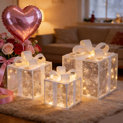Three-Piece Lighted Gift Box Decoration Set with LED String Lights, Bow Handles and Four Holiday Style Options