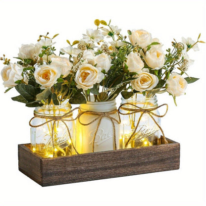 Mason Jar Centerpiece Table Decorations with Wood Tray & LED Lights – 3-Piece Farmhouse Decor Set for Dining Room, Kitchen, Living Room & Bathroom | Holiday Home Decor Gift