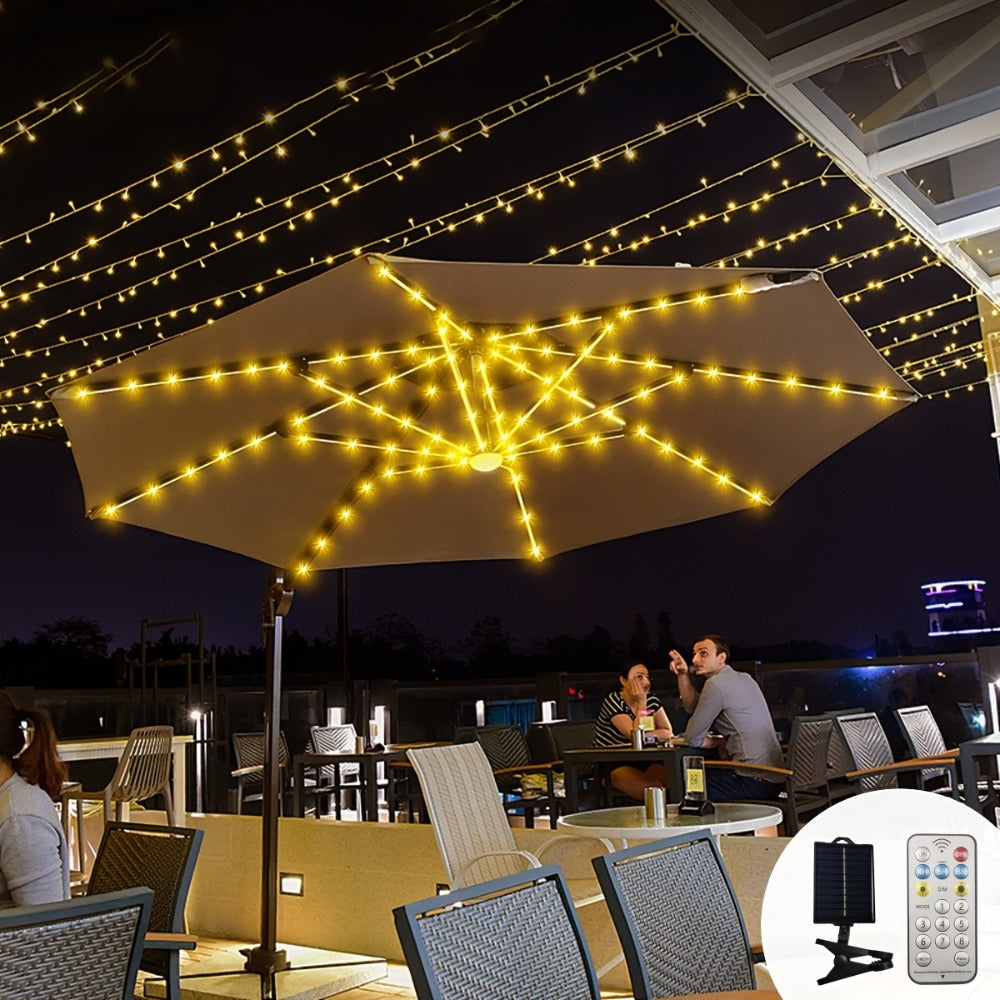 Solar Patio Umbrella Light 104 LED – 8 Modes Remote Control Outdoor Market Umbrella Lamp | Solar Powered Warm White Light for Backyard, Deck, Poolside, Beach, Garden & Camping | Battery Included