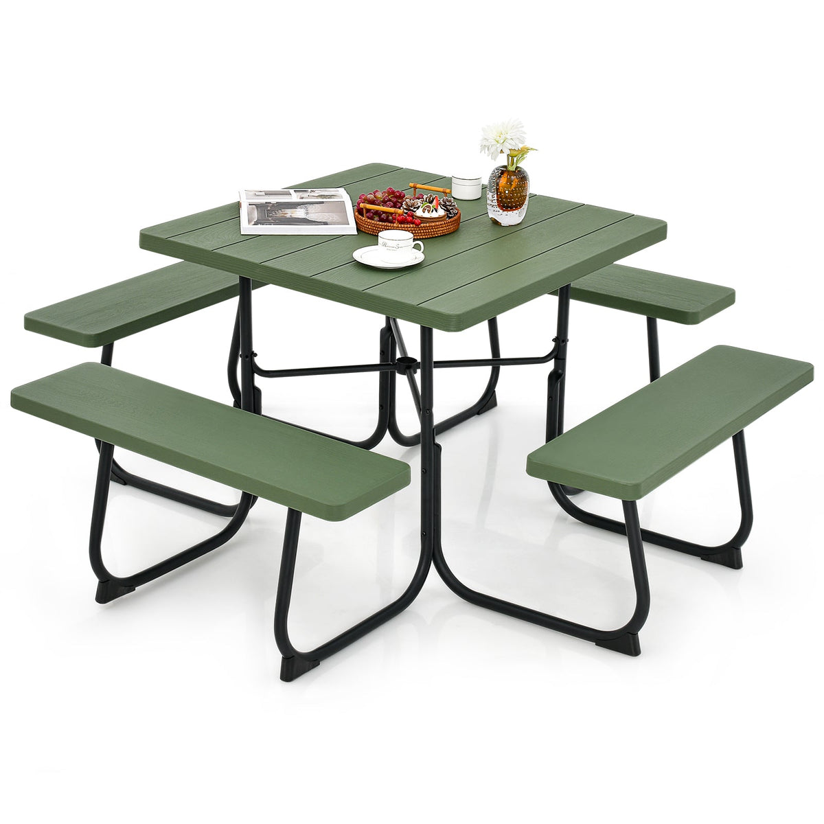 Outdoor Picnic Table 8-Person, Square HDPE Table with 4 Built-in Benches, Umbrella Hole, Metal Frame