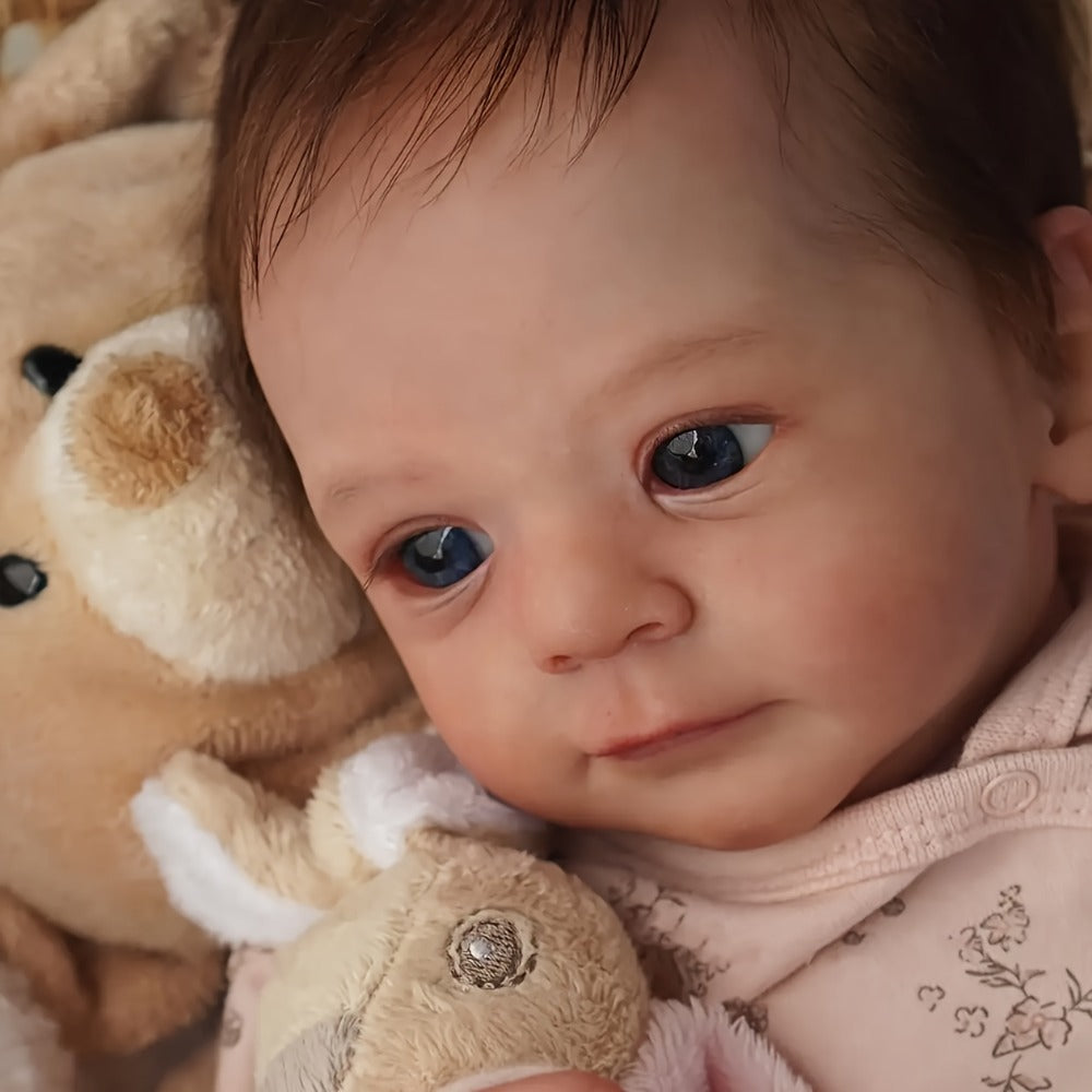 Reborn Baby Doll 16-Inch Cloth Body with Vinyl Limbs, Rooted Brown Hair, Open Eyes and Pink Outfit Set