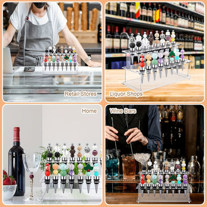 Twenty-Piece Beadable Wine Bottle Stopper Set with Silver-Tone Stems and Clear Two-Tier Display Rack