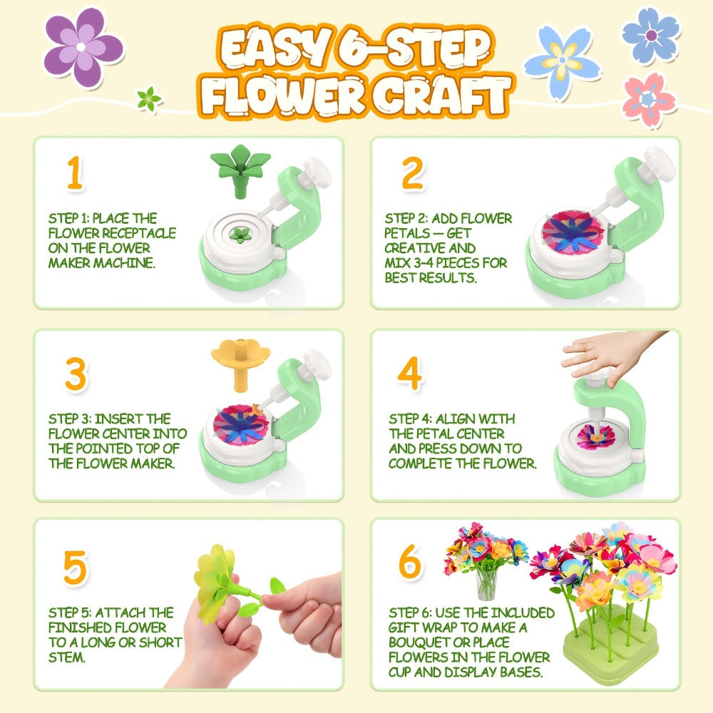 Flower Bouquet Maker Craft Kit with Hand-Operated Tool, Fabric Petals, Stems, Centers and Display Bases