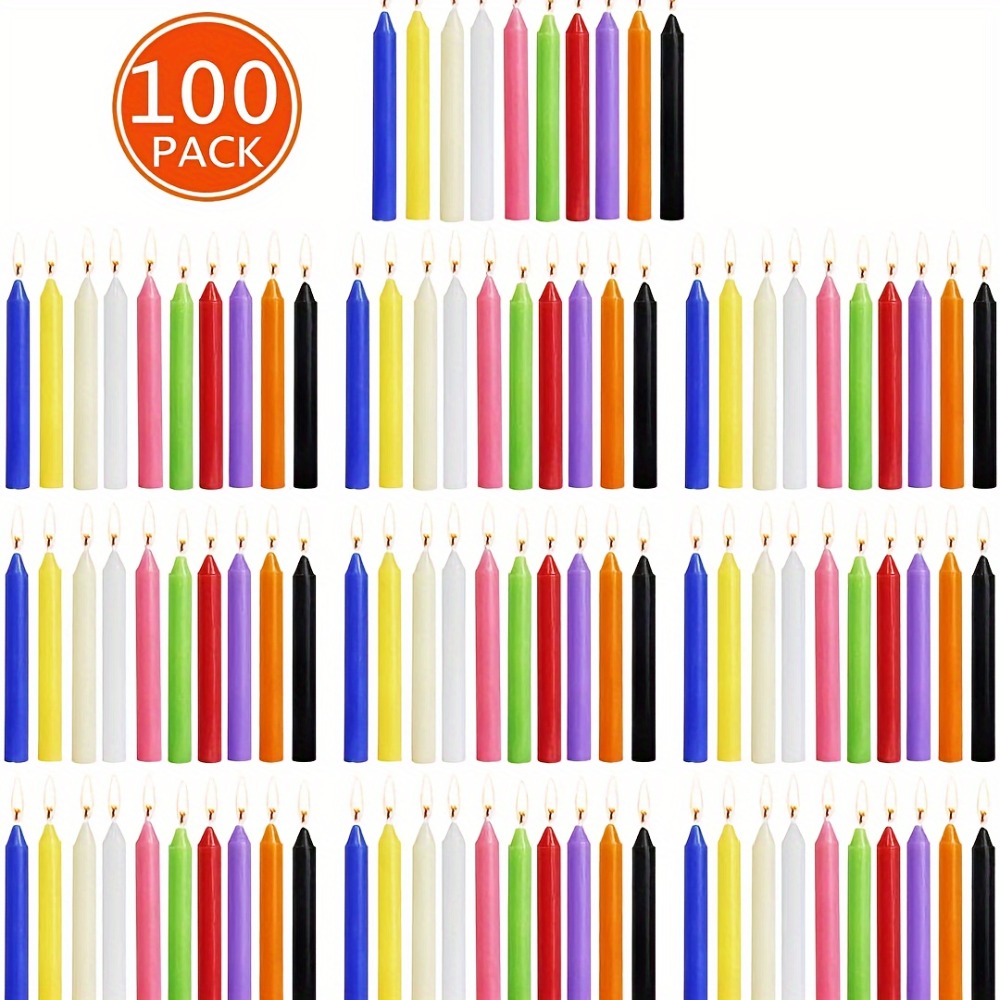 Assorted Color Soy Wax Taper Candle Set with 100 Compact 4-Inch Candles in Straight Form and Boxed Package