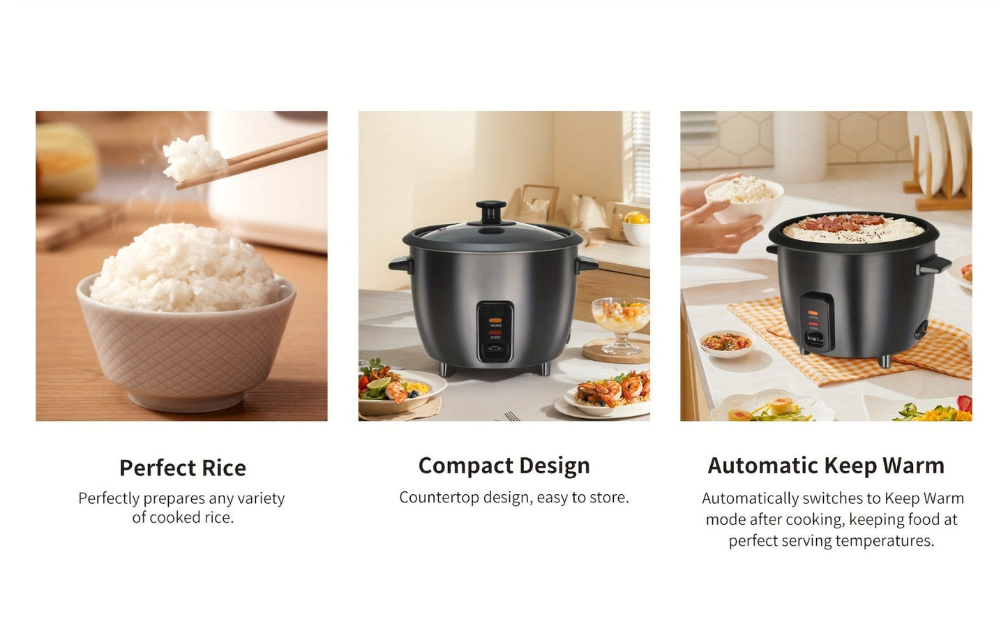 Three-Cup Uncooked / Six-Cup Cooked Rice Cooker with One-Touch Cook and Warm Modes, Inner Pot and Accessories