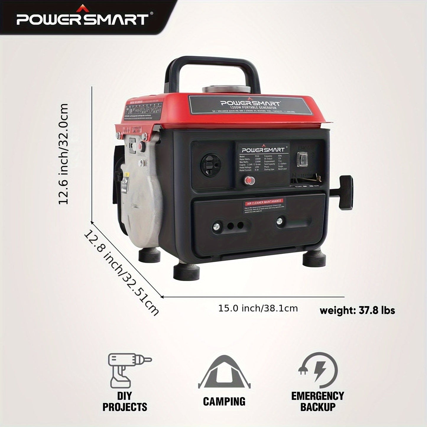 Portable Generator 1200W 2-Stroke Low Noise - Compact Lightweight Gas Powered Generator for Camping, Job Sites, Outdoor Work, Home Emergency Backup, Easy Recoil Start