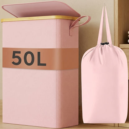Slim Laundry Hamper with Lid & Removable Bag – Foldable Narrow Clothes Basket with Bamboo Handles for Bathroom, Bedroom & Dorm – 50L / 65L / 75L Space-Saving Collapsible Laundry Bin