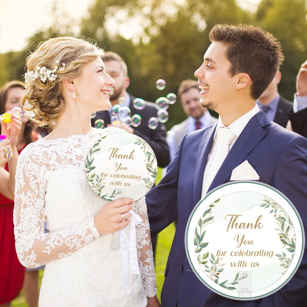 Greenery Leaf Wedding Hand Fans, 100-Piece Green Plastic Set with Handles for Ceremony, Bridal Shower or Party Guests