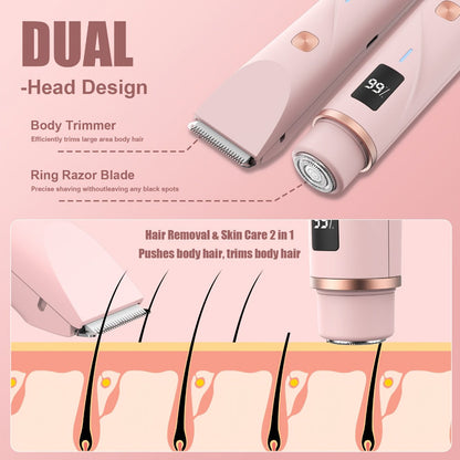 Electric Bikini Trimmer for Women 2-in-1 Dual Head with Digital Display — Wet & Dry Painless Hair Removal for Bikini Line, Legs & Underarms, Rechargeable Cordless Shaver