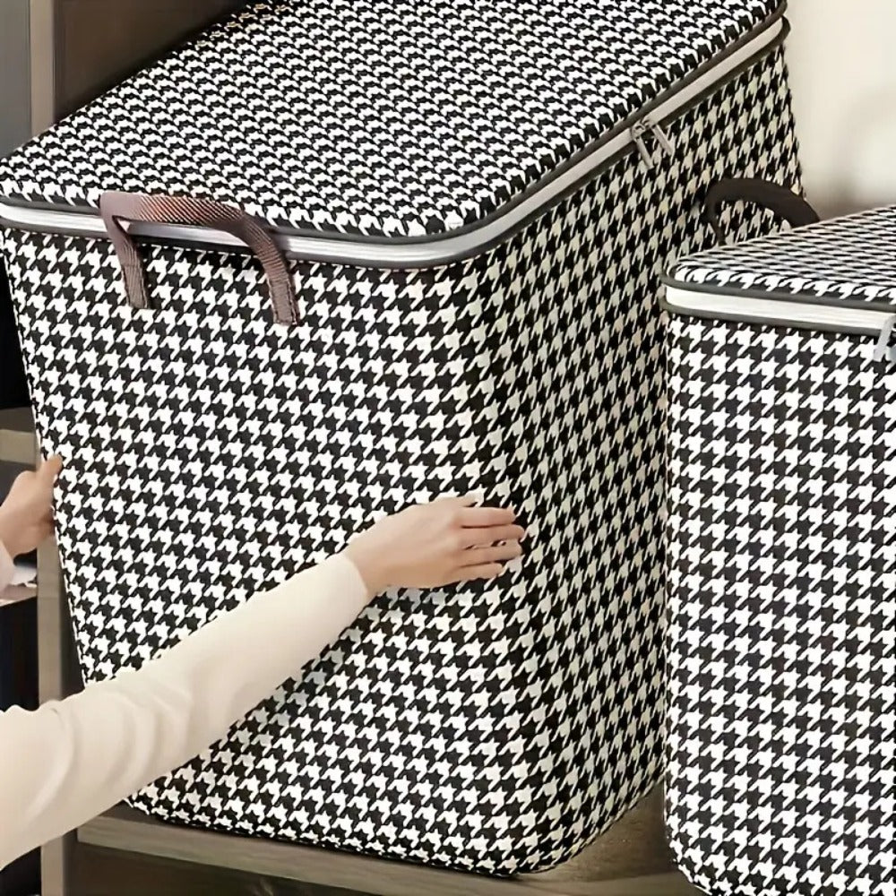 4pcs Large Storage Box Set with Lid & Handle – Black White Checkered, Stackable, Thickened Lining, Double Zipper, Under-Bed & Moving Organizer