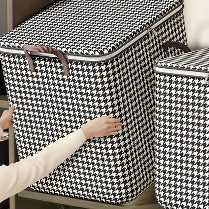 4pcs Large Storage Box Set with Lid & Handle – Black White Checkered, Stackable, Thickened Lining, Double Zipper, Under-Bed & Moving Organizer