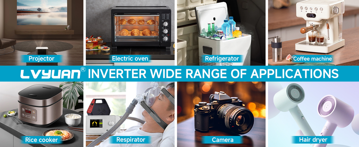 Blue 12V or 24V DC to 110V AC Power Inverter with LCD, Four AC Receptacles and Remote Presentation