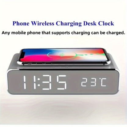 Wireless Charging Alarm Clock with Black or Silver-Tone Housing, Digital Time Display and Top Charging Surface