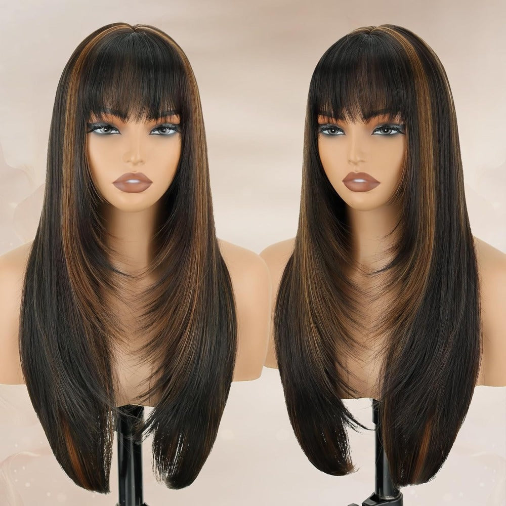 Long Straight Synthetic Lace-Front Wig with Curtain Bangs and Five 26-Inch Solid or Gradient Color Options