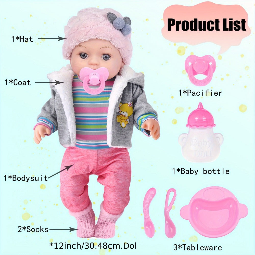12-Inch Baby Doll Playset with Gray Coat, Pink Hat, Bottle, Pacifier, Socks and Three Tableware Pieces