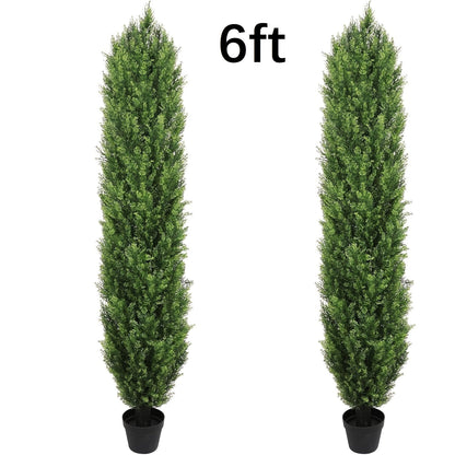 Two-Pack Artificial Cedar Topiary Trees with 4, 5 or 6 ft Height Options and Optional 16-Inch Black Planters
