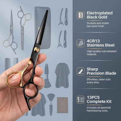 13-Piece Hair Cutting Scissors Kit with Straight and Thinning Shears, Combs, Cape and Storage Case