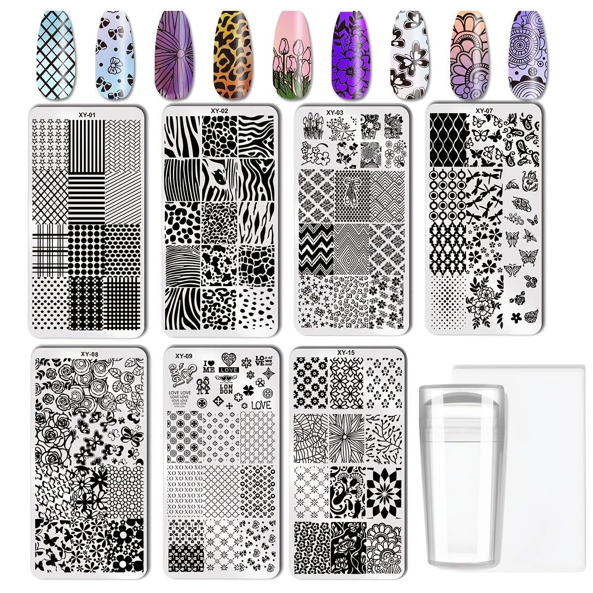 9-Piece Nail Stamping Set with Seven Mixed-Design Plates, Clear Stamper and Scraper for Manicure Art