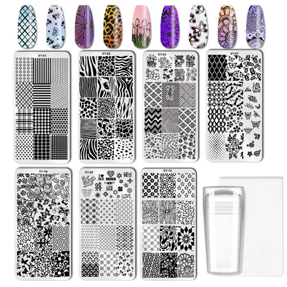 9-Piece Nail Stamping Set with Seven Mixed-Design Plates, Clear Stamper and Scraper for Manicure Art