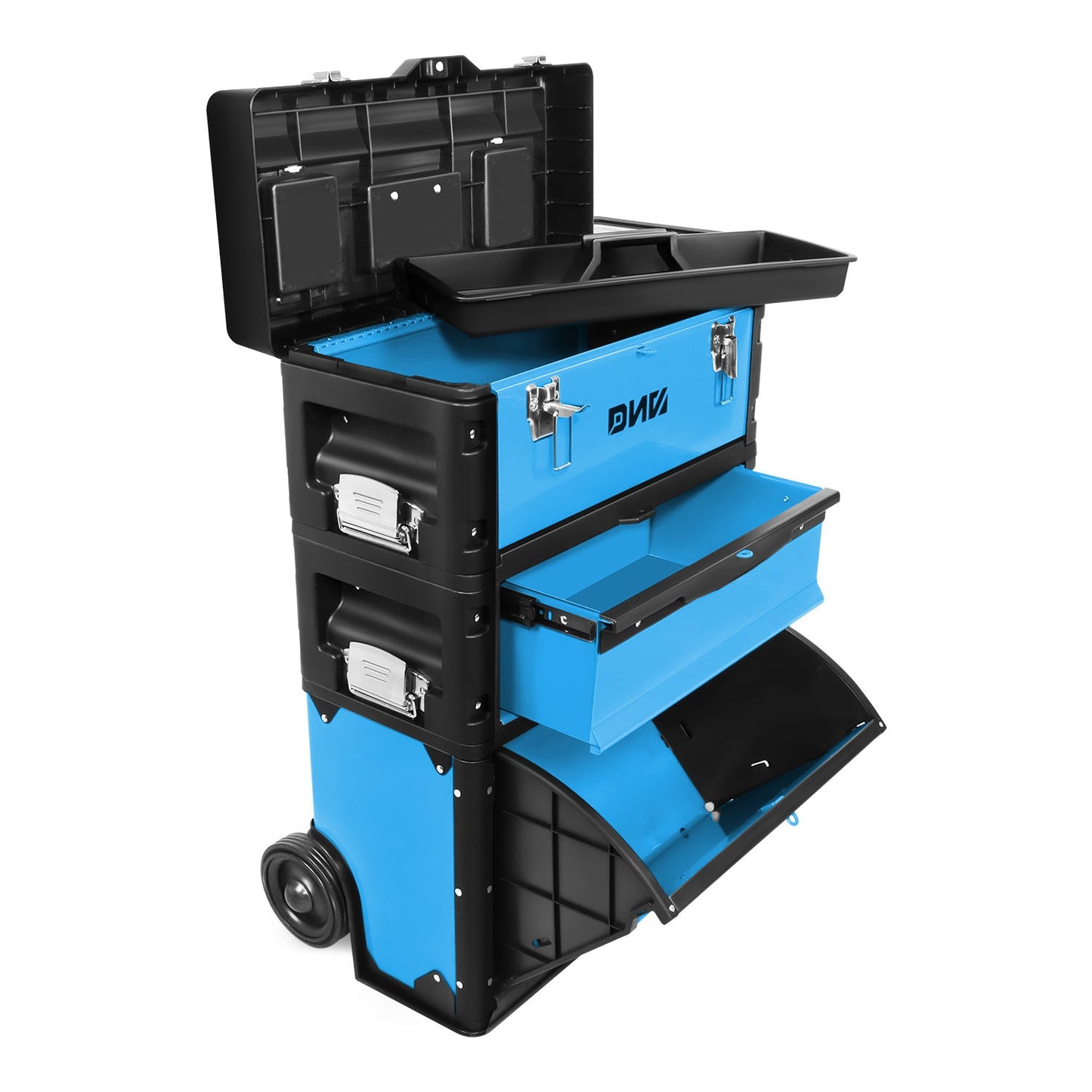 Rolling Tool Box 3-Tier Stackable Portable Toolbox with Wheels 19.5x12x28.5 Inch Steel PP 3-in-1 Detachable Compartments Metal Latches Extendable Handle for Home Workshop Garage Job Site