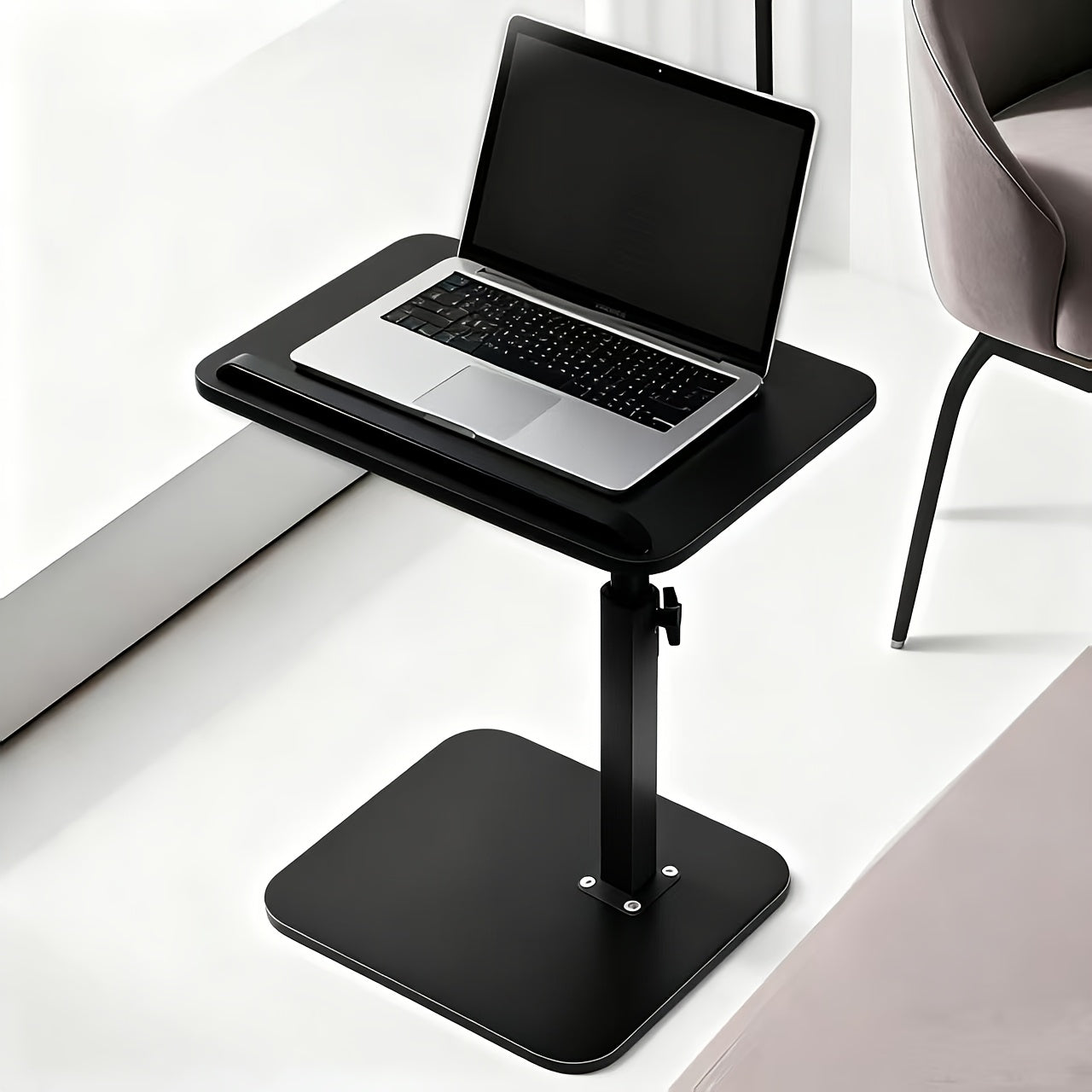 Floor Laptop Tray Table with 360-Degree Swivel Top, Adjustable Support Rod and Walnut or Black Options