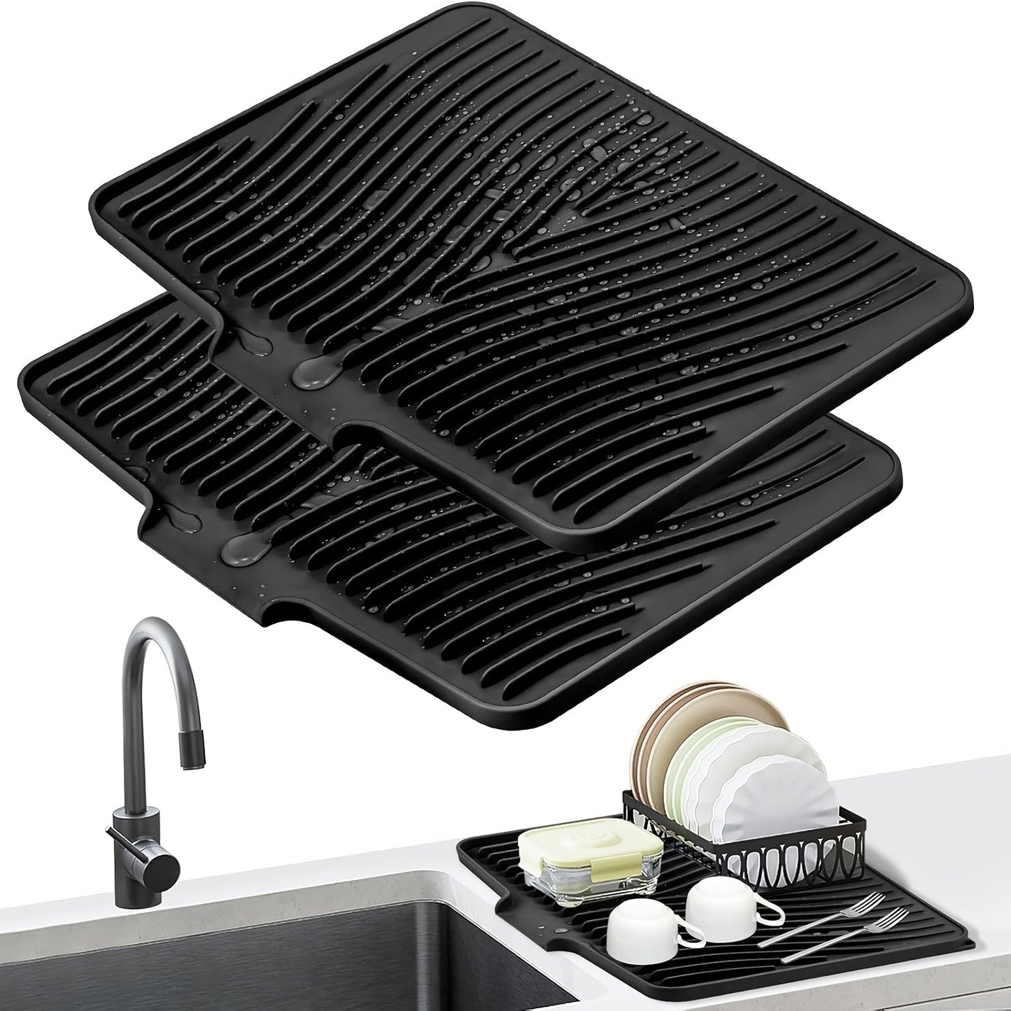 Kitchen Mat Set, 34.5x19-Inch Silicone Slope-Drain Drying Pads in Black or Gray, Single or 2-Piece Options