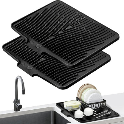 Kitchen Mat Set, 34.5x19-Inch Silicone Slope-Drain Drying Pads in Black or Gray, Single or 2-Piece Options