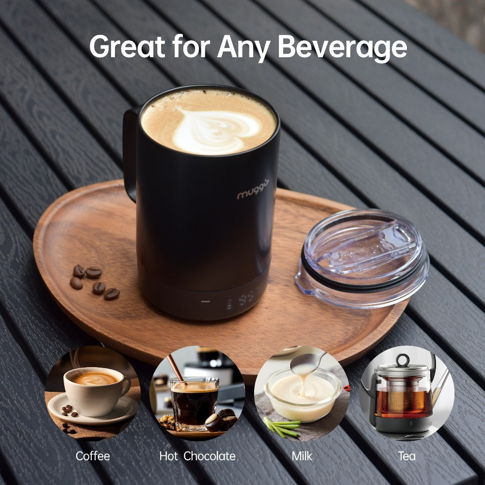 Black Powered Coffee Mug with Handle, Clear Lid, Bottom Display and USB-C Charging, 12-Ounce Label