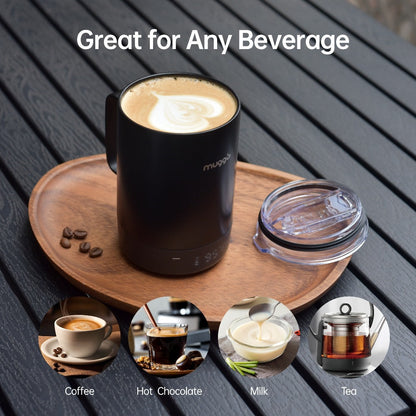 Black Powered Coffee Mug with Handle, Clear Lid, Bottom Display and USB-C Charging, 12-Ounce Label