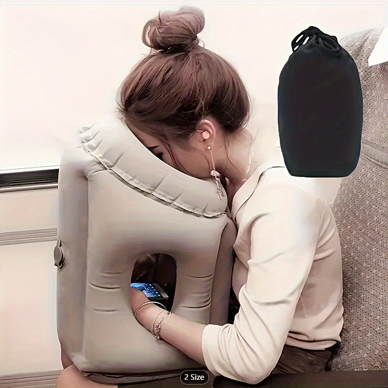 Grey Inflatable Forward-Leaning Travel Pillow with Face Opening, Arm Access, Carry Case and 37 × 32 × 26 cm Label