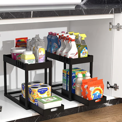 Under Sink Storage Organizer Set of 2 with Dual-Tier Sliding Baskets and 8 Hooks in Three Colors